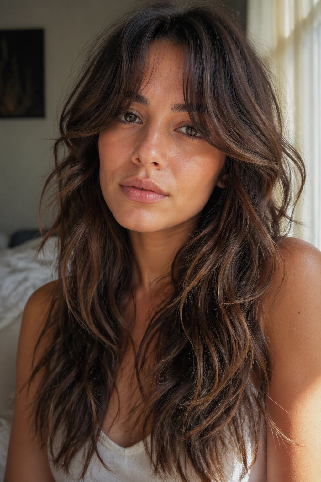 Close-up of a woman with curtain bangs and long layers