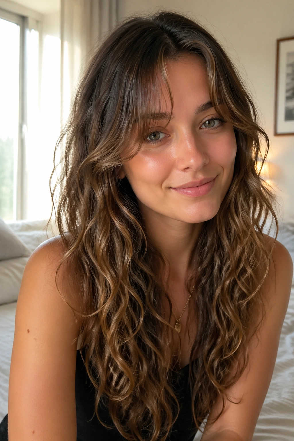 Close-up of real woman with curtain bangs blending into long waves