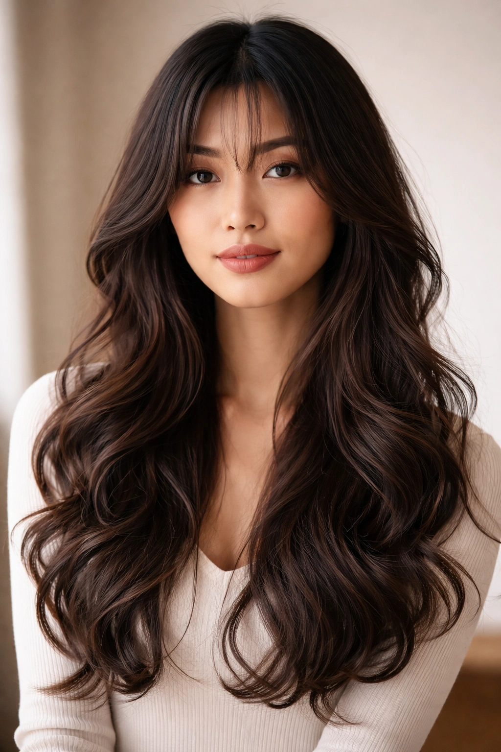 Curtain bangs with loose curls framing the face