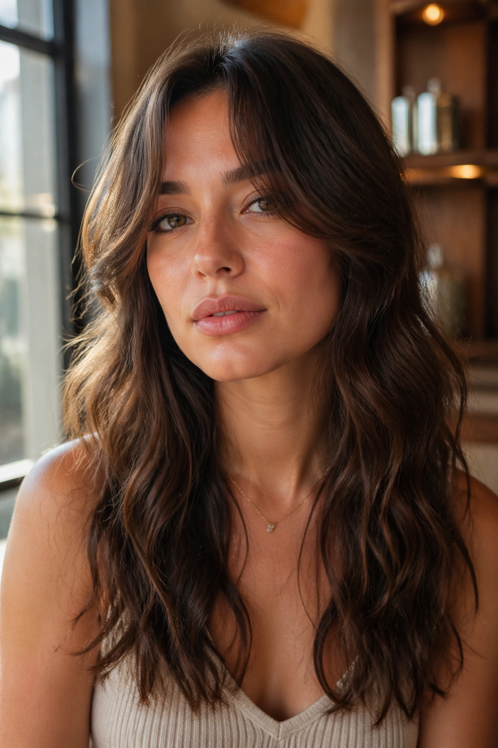 Woman with curtain bangs blending into loose waves.