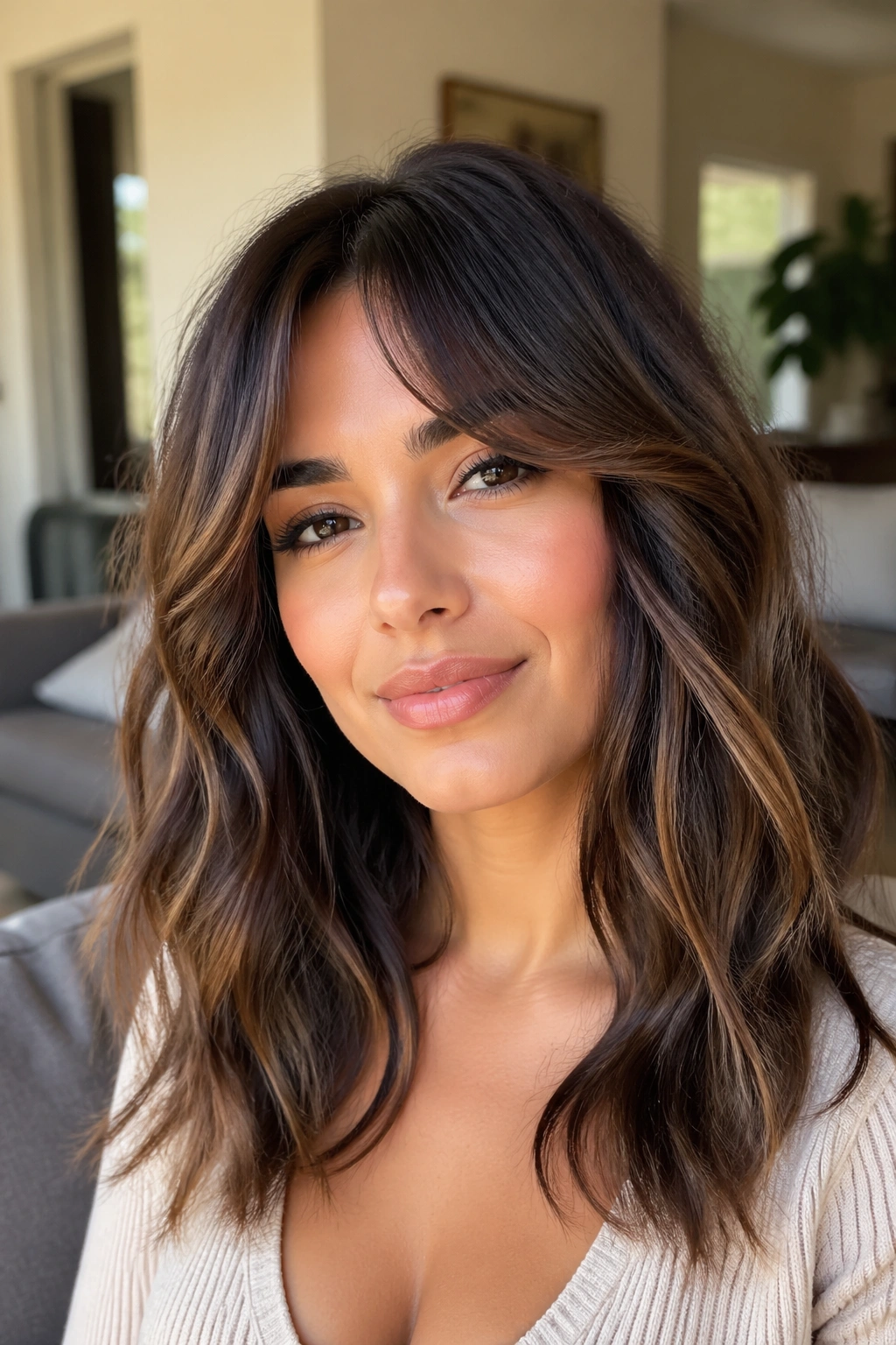 Close-up portrait of a real woman with curtain bangs and mid-length waves