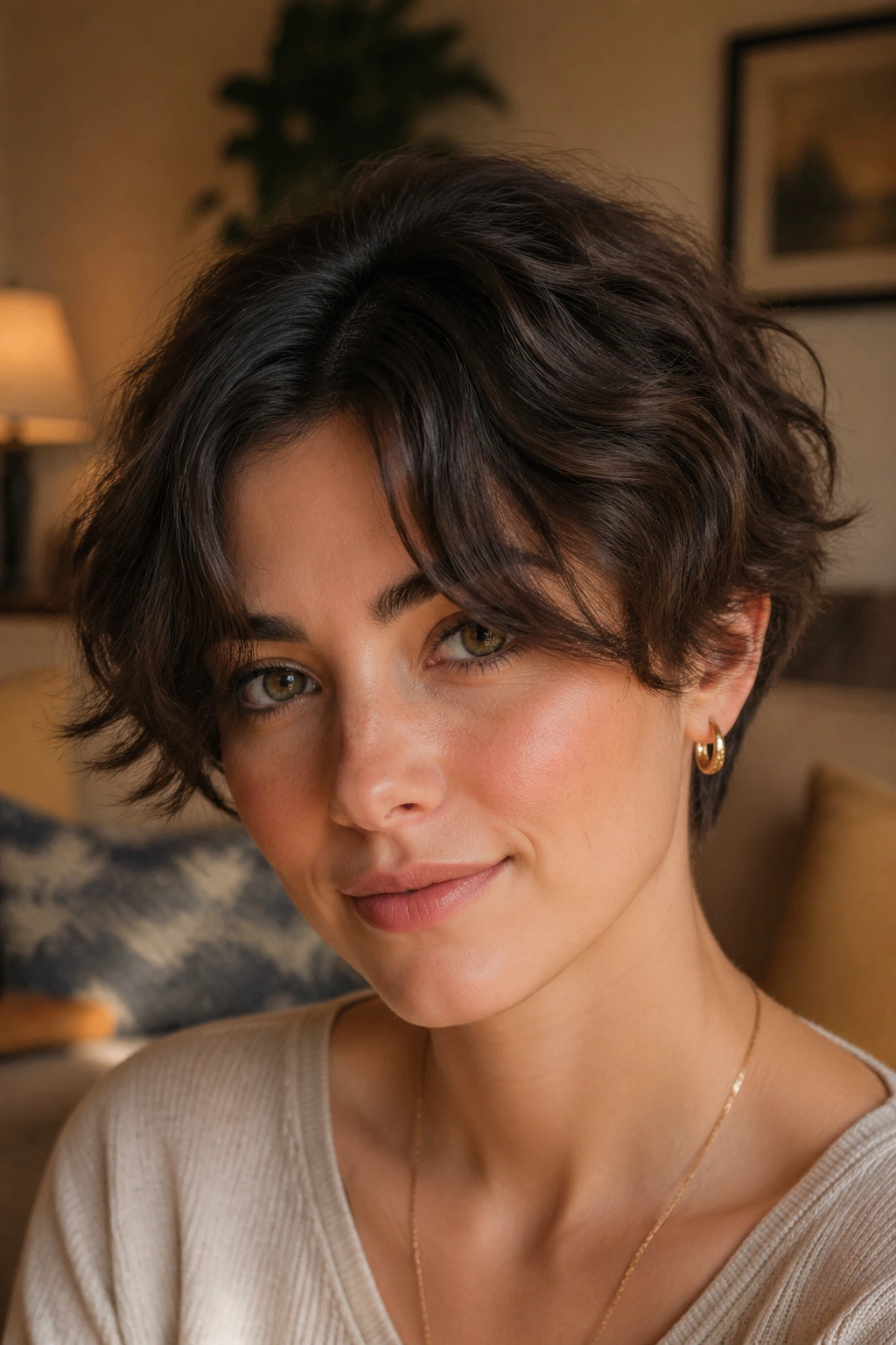 Close-up portrait of a real woman with curtain bangs on a pixie, center part framing the face