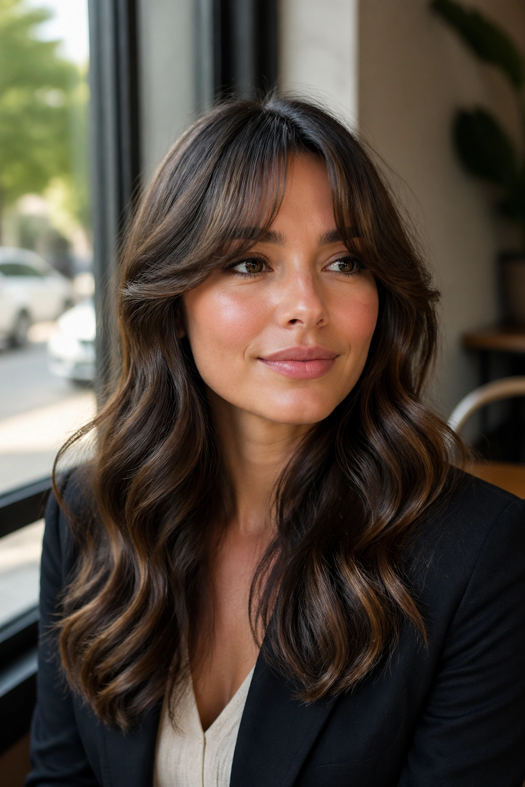 Real woman with curtain bangs and polished waves for a professional look