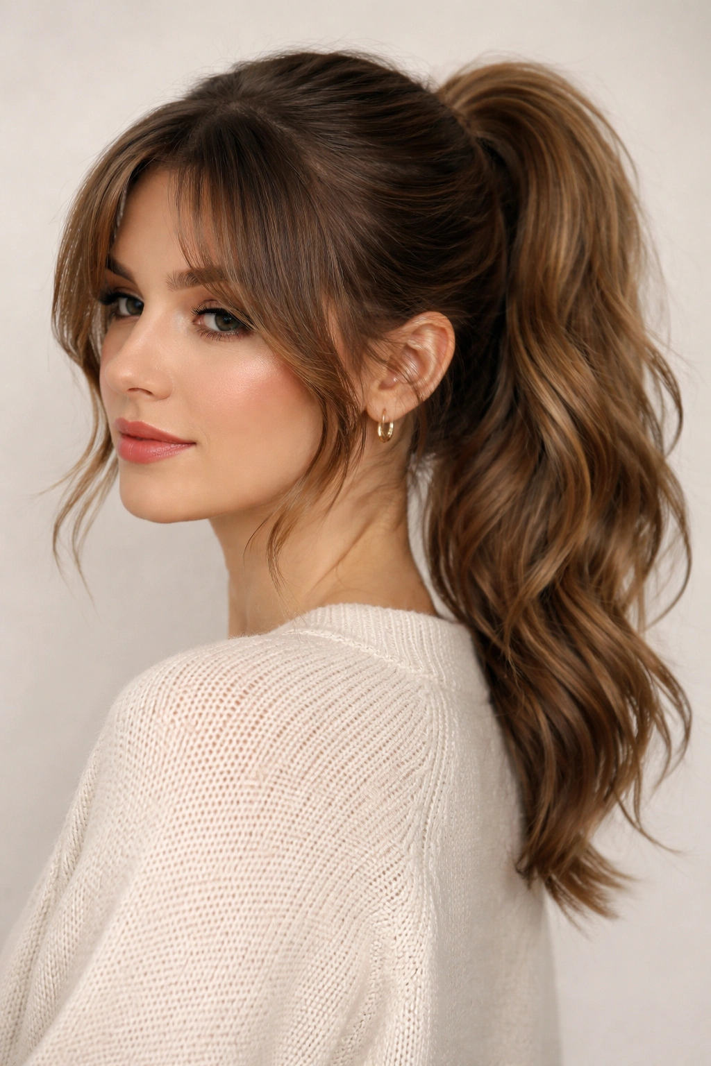 Ponytail with curtain bangs softly curved away from the face