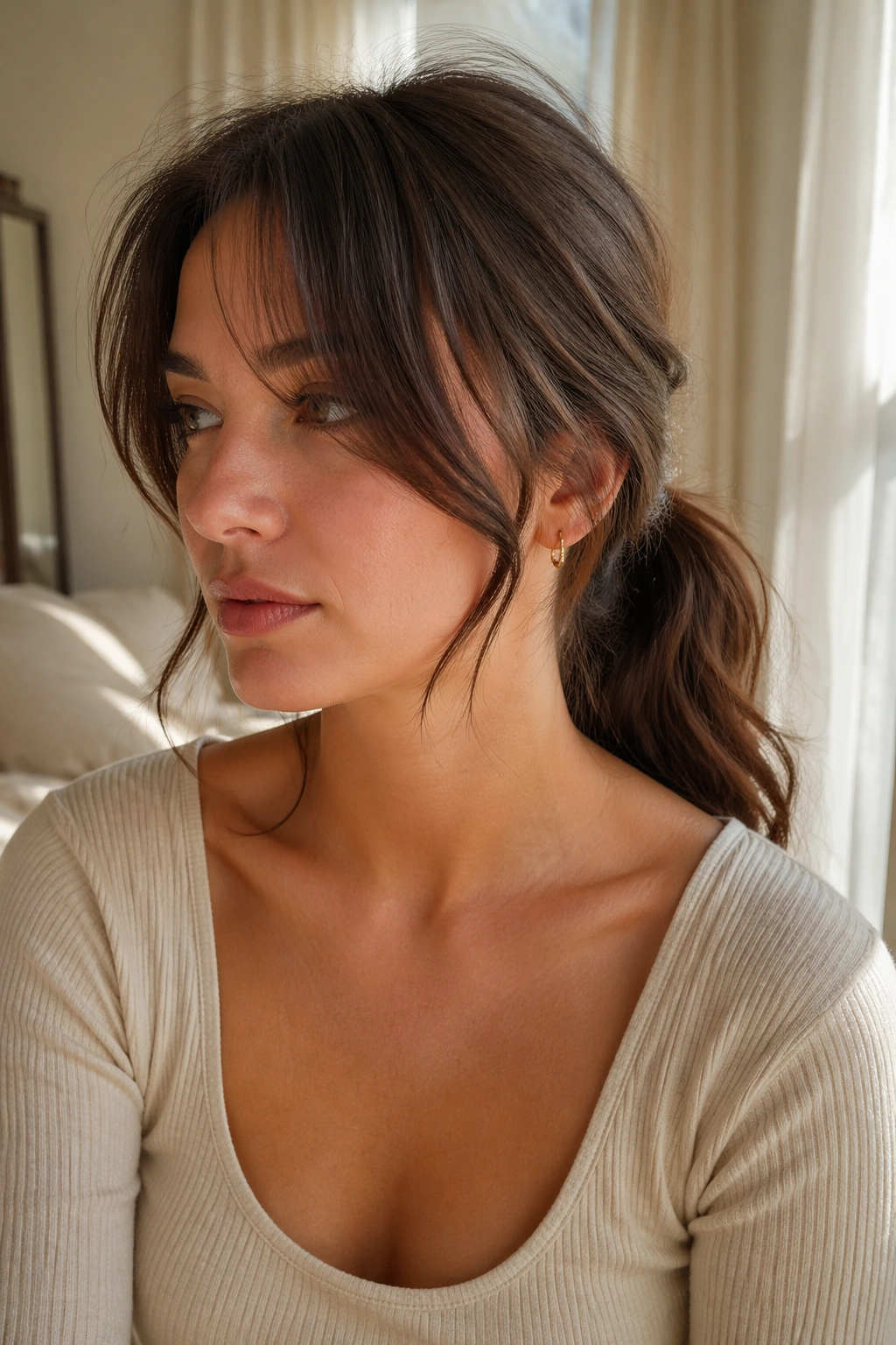 Close-up of a real woman with curtain bangs and ponytail