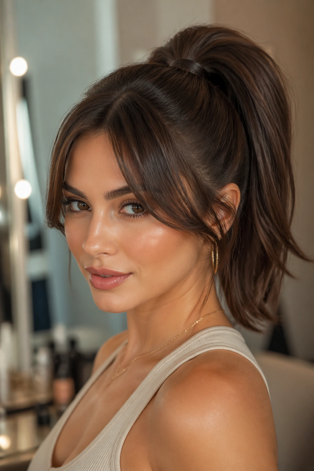Portrait of a woman with curtain bangs and a high ponytail in soft lighting