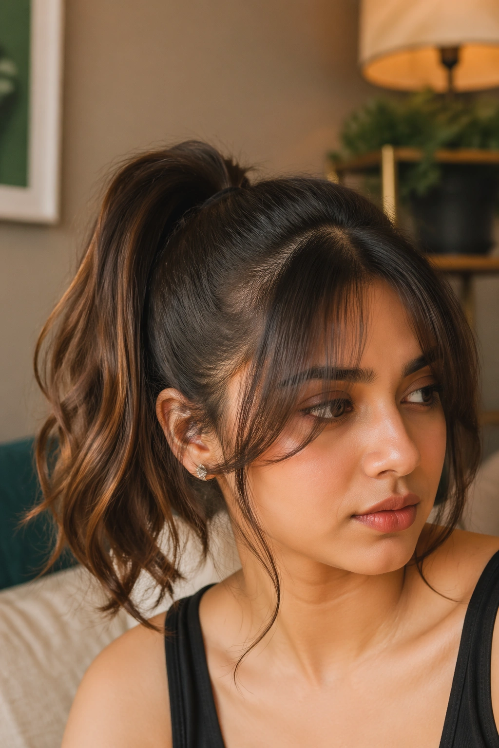 Portrait of real woman with curtain bangs and high ponytail in a warm room