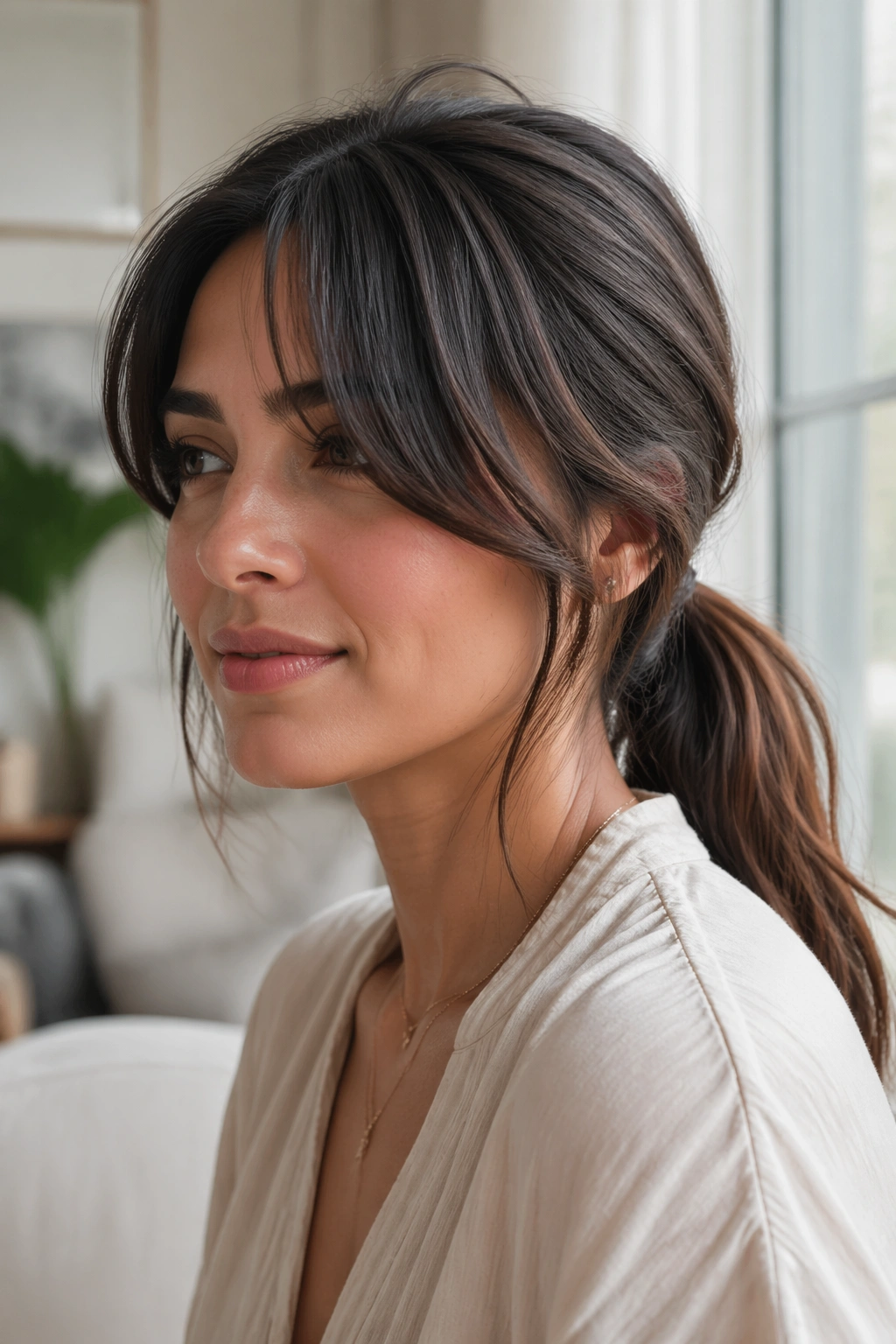 Close-up of a real woman with curtain bangs and a low ponytail