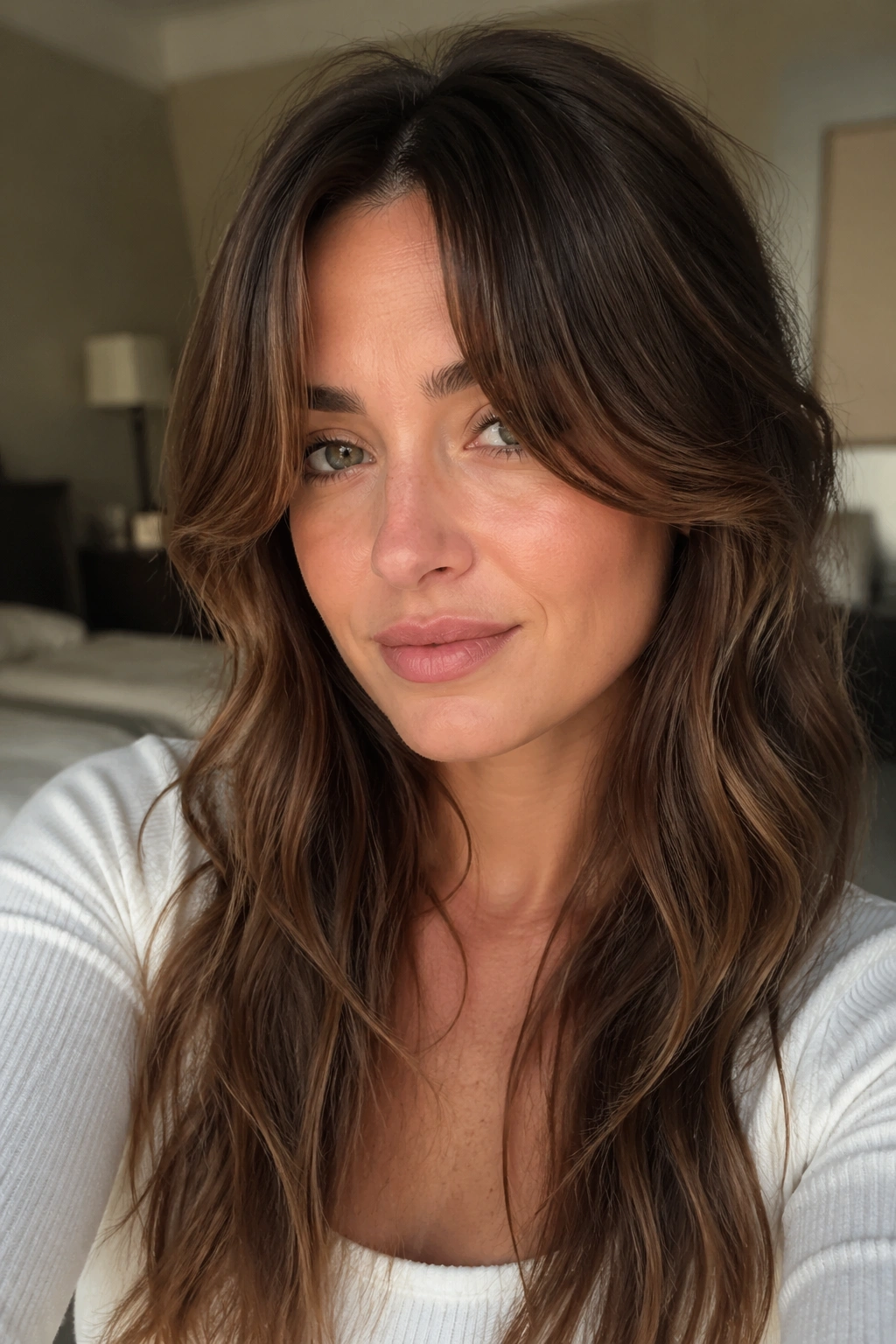 Close-up portrait of a real woman with long curtain bangs split at the cheekbones framing her face