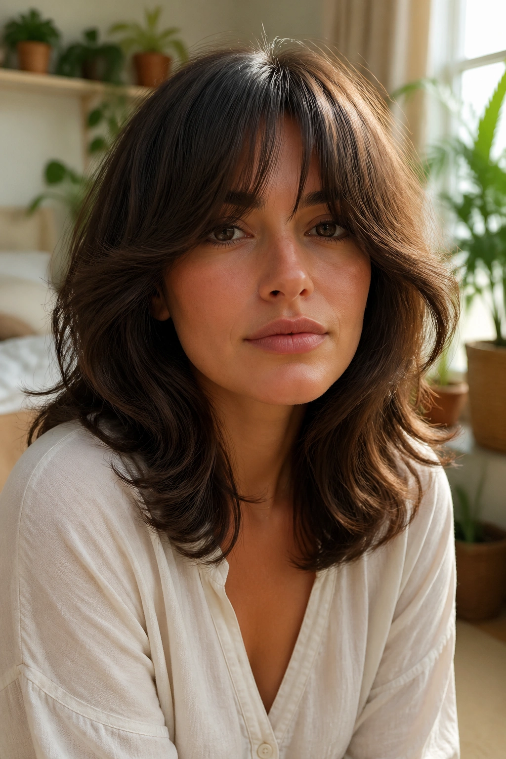 Close-up of a real woman with romantic butterfly cut and full curtain bangs