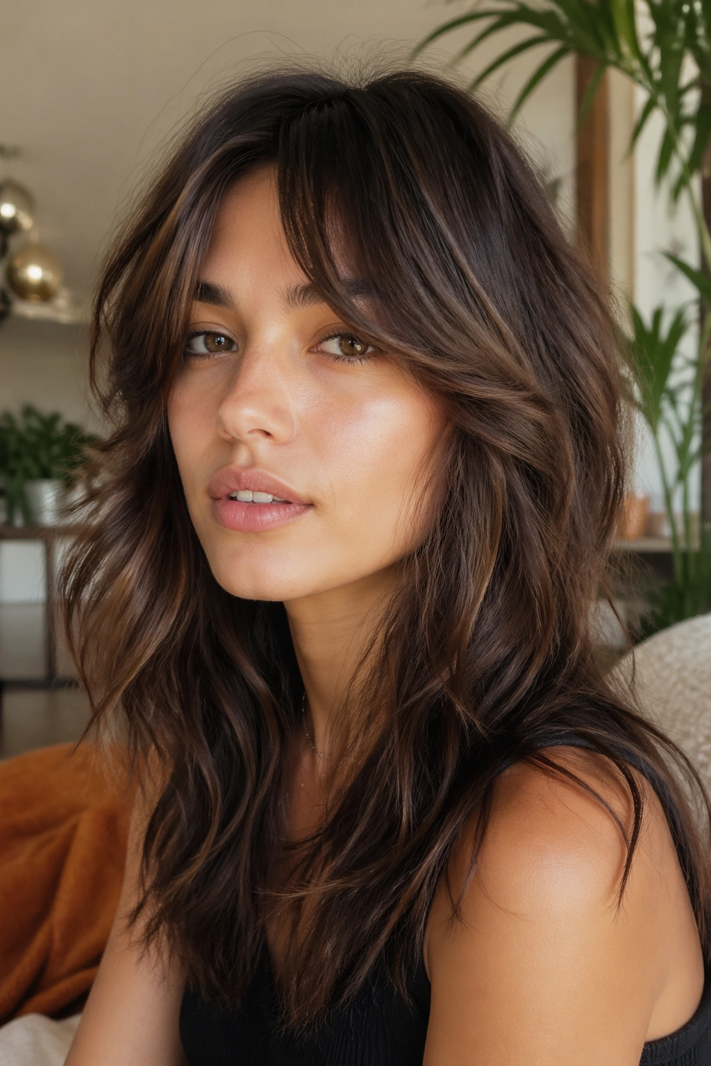 Woman with curtain bangs and shaggy ends in a warm-lit room.