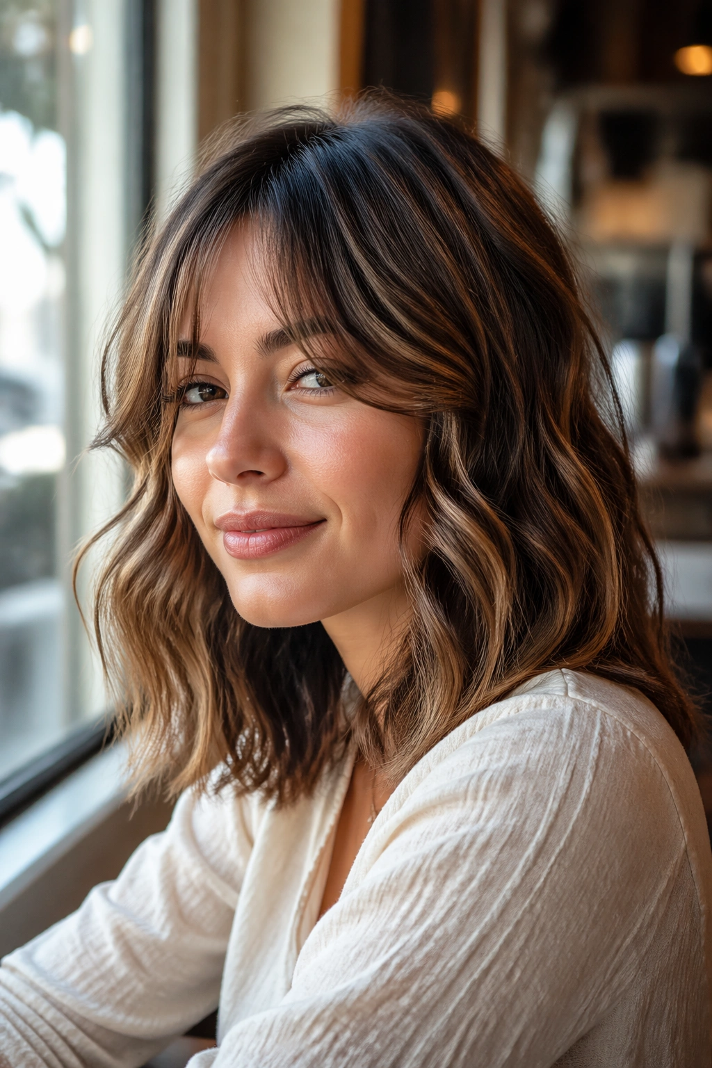 Close-up of shoulder-length waves with curtain bangs on a real woman.