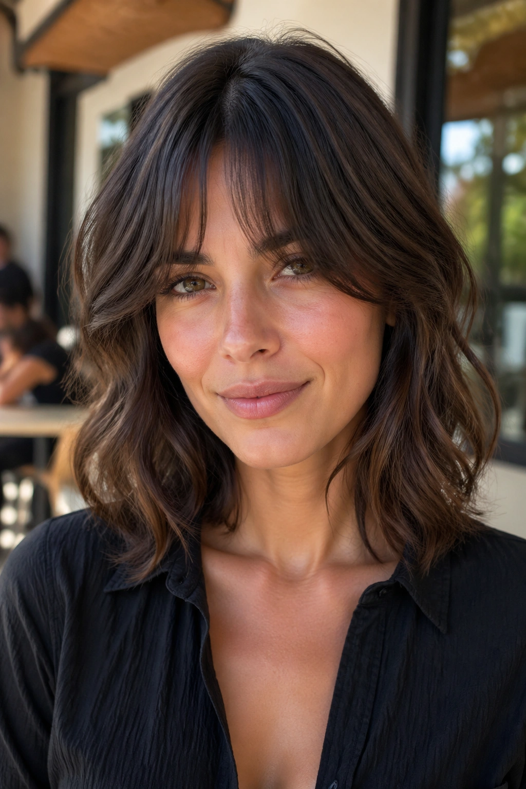 Close-up of a real woman with curtain bangs and shoulder-length waves.