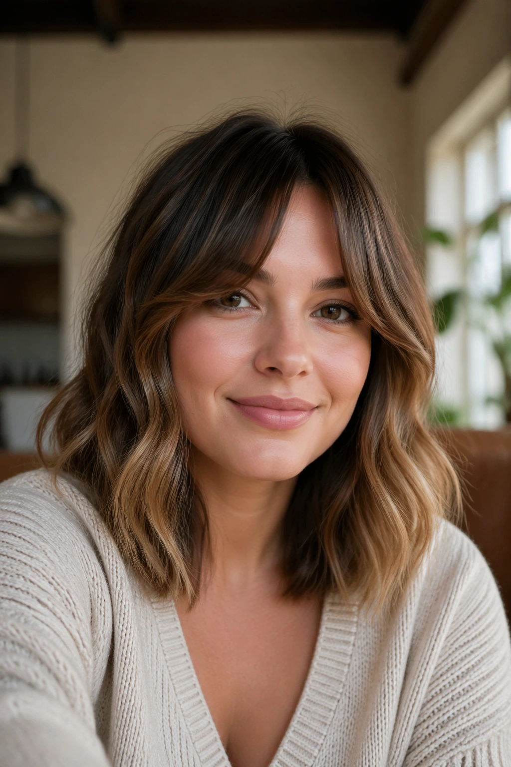 Close-up portrait of a real woman with curtain bangs and soft wavy lob