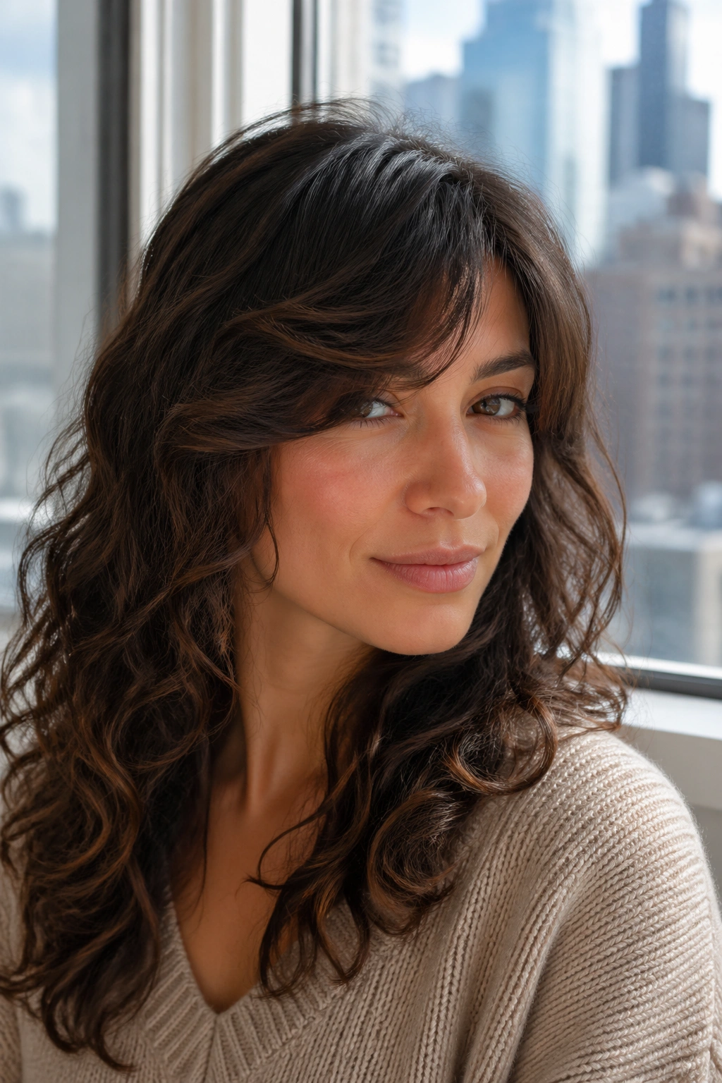Close-up portrait of a real woman with curved curtain bangs swept to one side