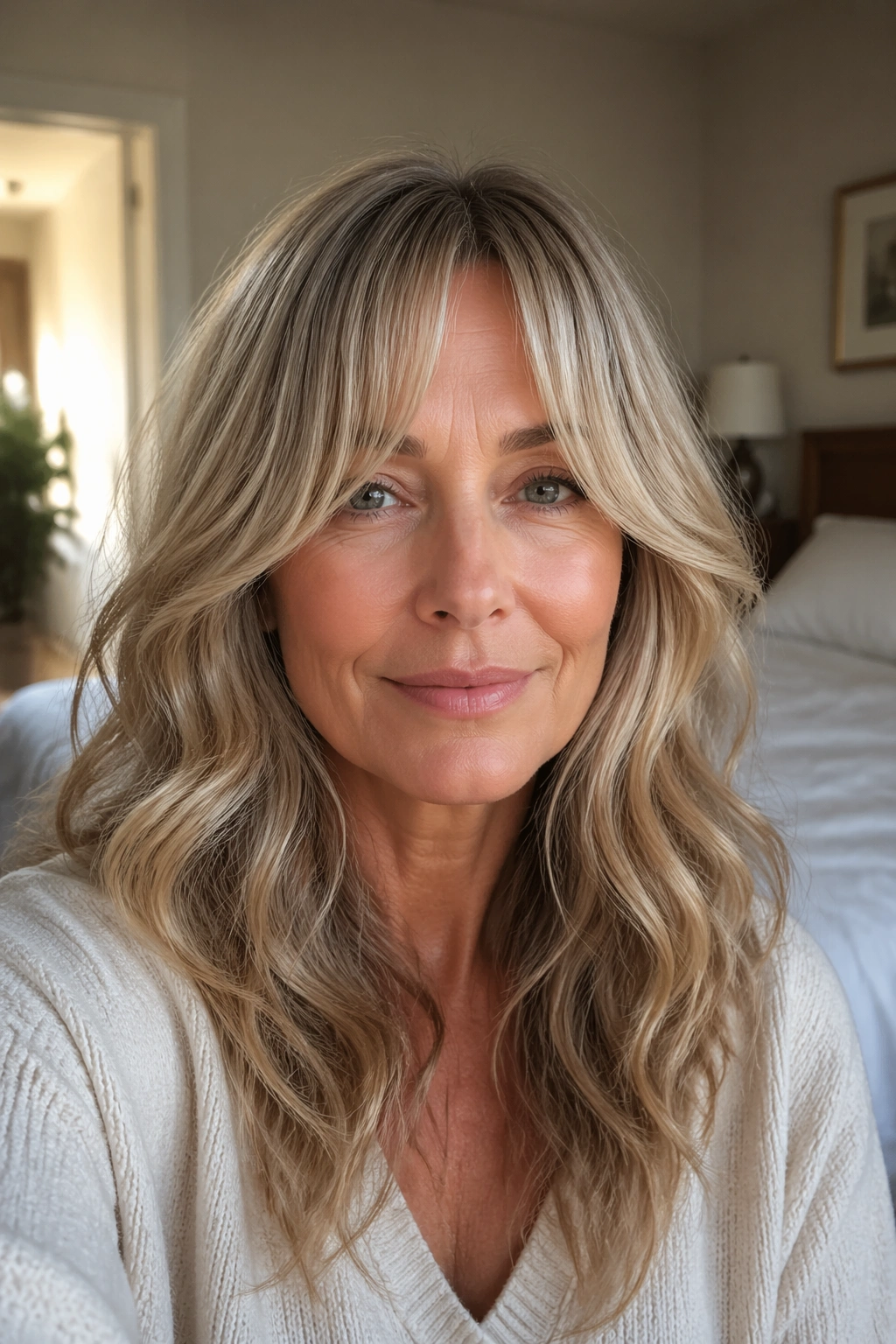 Portrait of a real woman with curtain bangs and soft waves