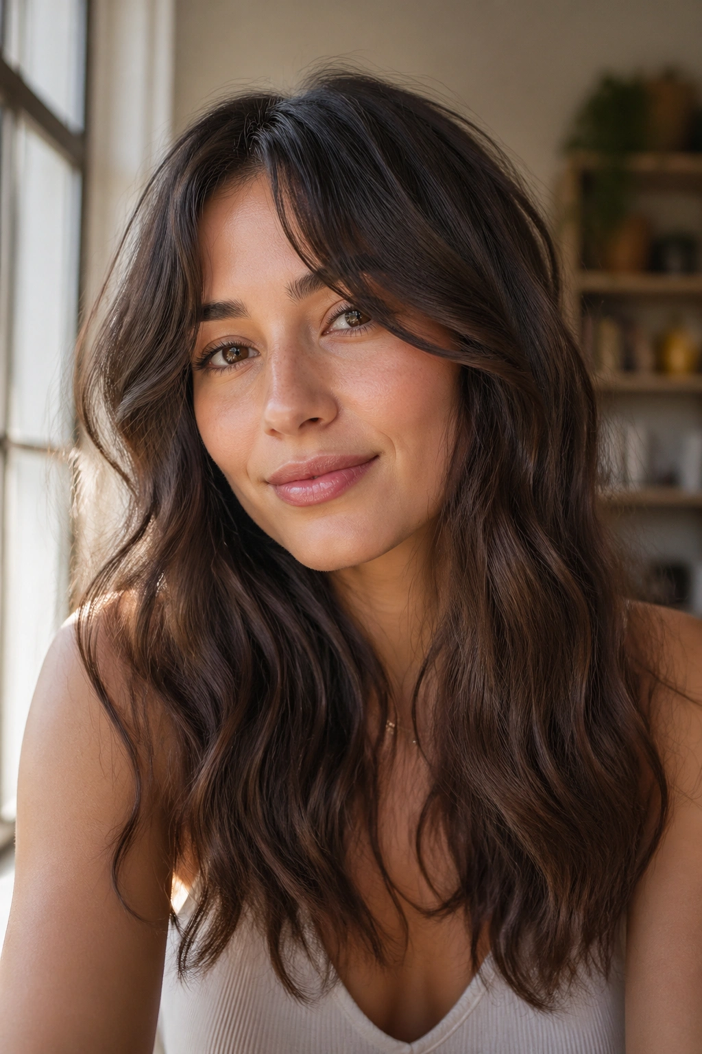 Real woman with curtain bangs and natural waves