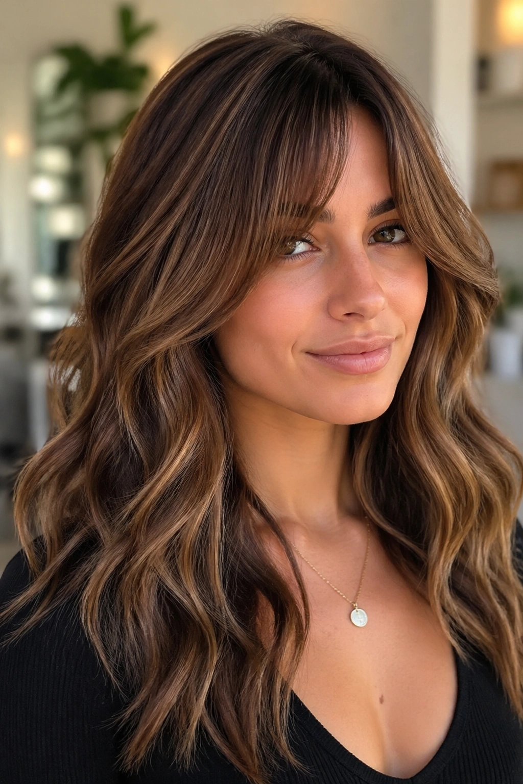 Close-up of a real woman with curtain bangs and waves
