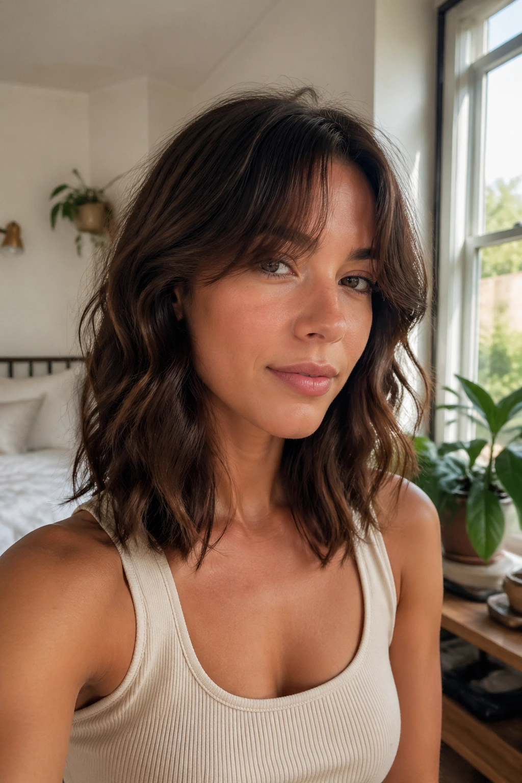 Close-up portrait of a real woman with Curtain Bangs with Waves and soft center-parted bangs