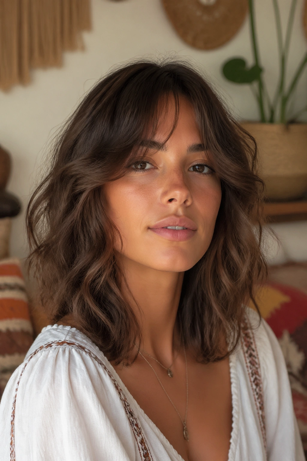 Woman with center-parted curtain bangs and medium wavy length in cozy room