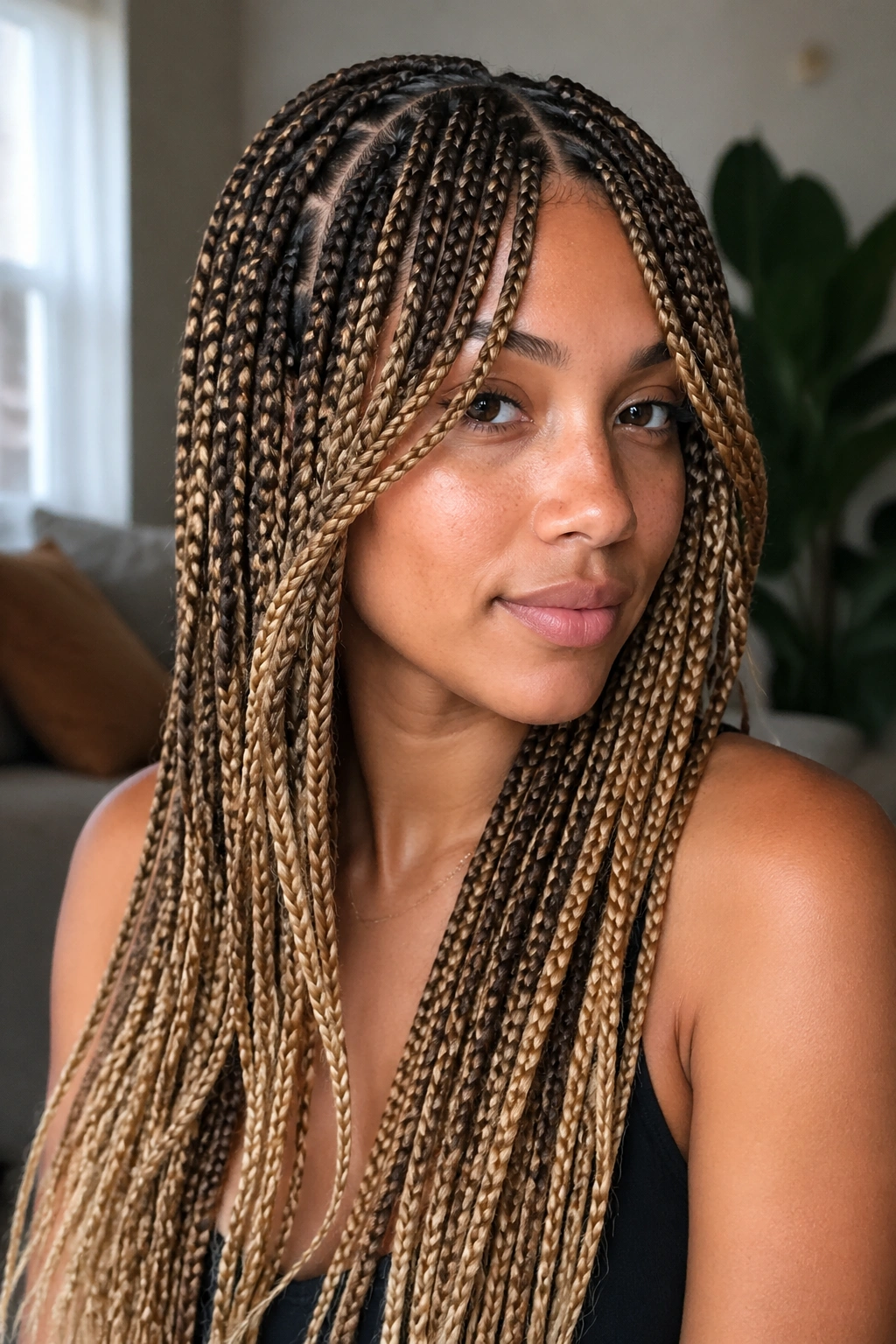 Close-up of a real woman with Curtain Bang Box Braids in brown roots and blonde lower lengths