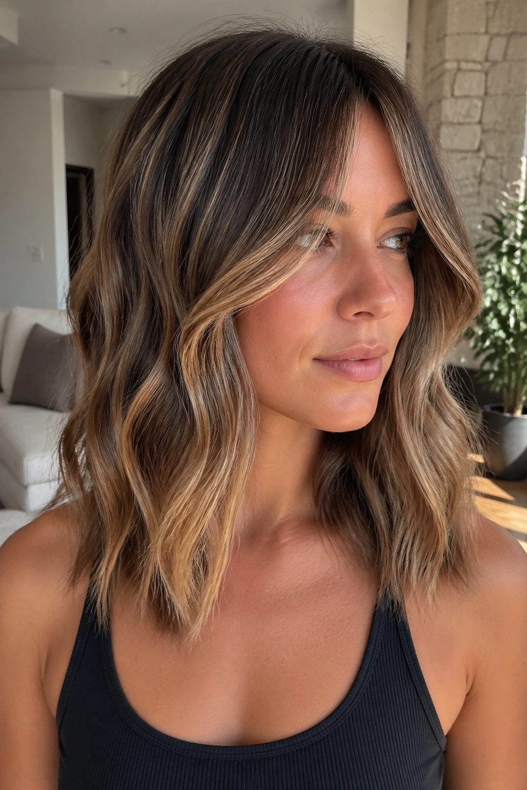 Close-up of a real woman with curtain-fringe lob and long front pieces in natural light