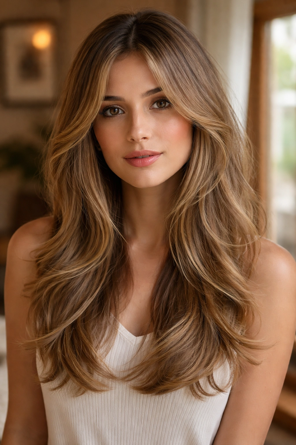 Close-up portrait of real woman with long curtain layers and flipped ends