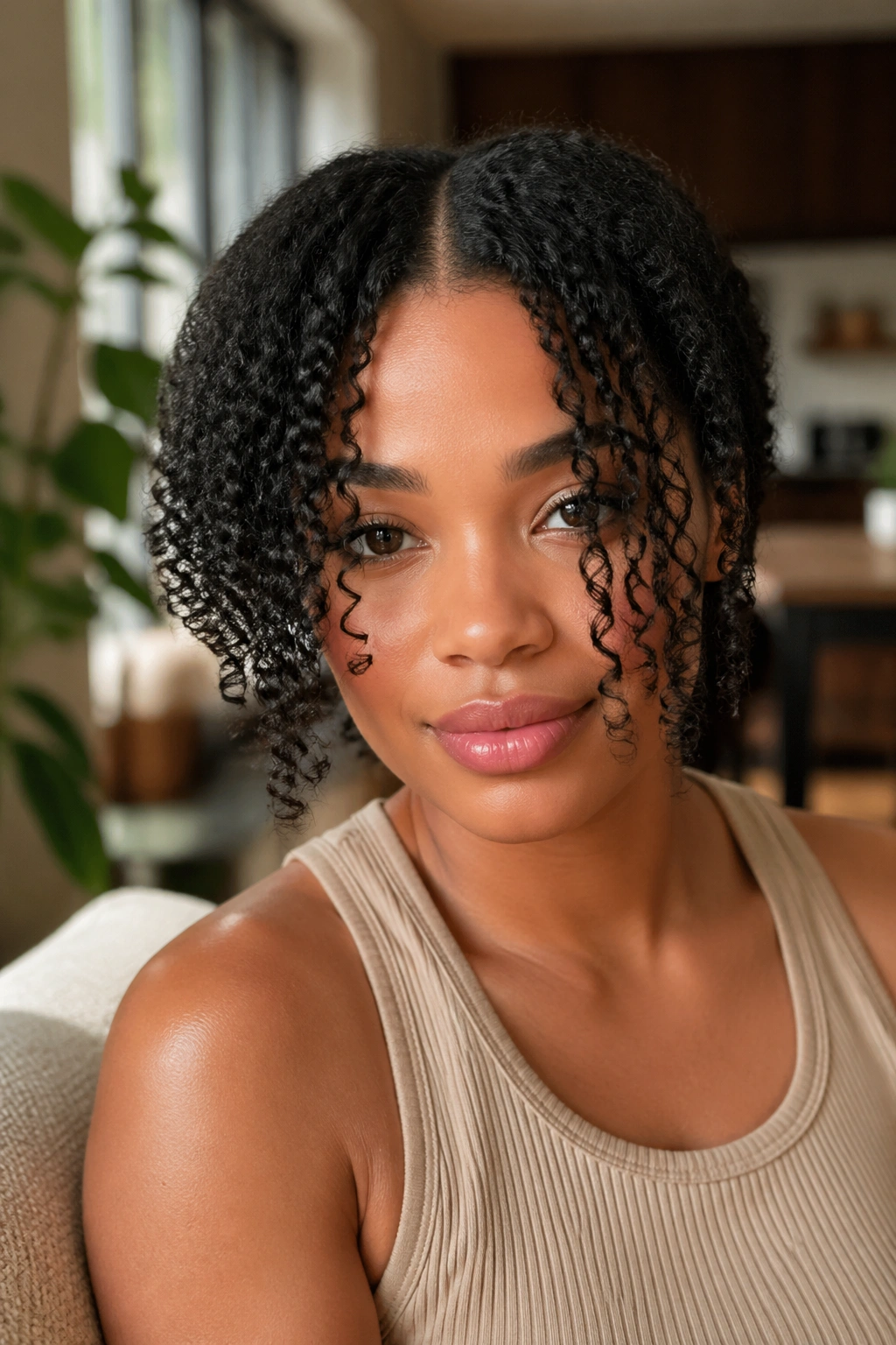 Close-up of curtain-style face framing with center-parted curls