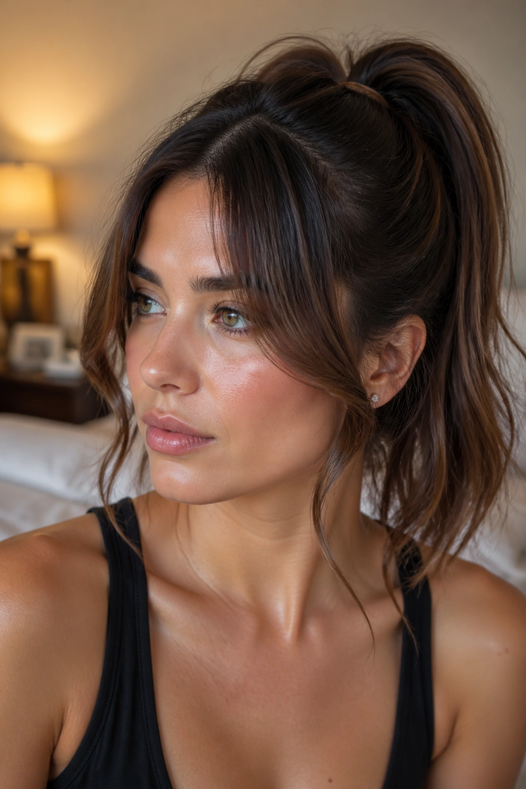 Close-up of a real woman with curtain-swoop front pieces blending into a ponytail in soft window light