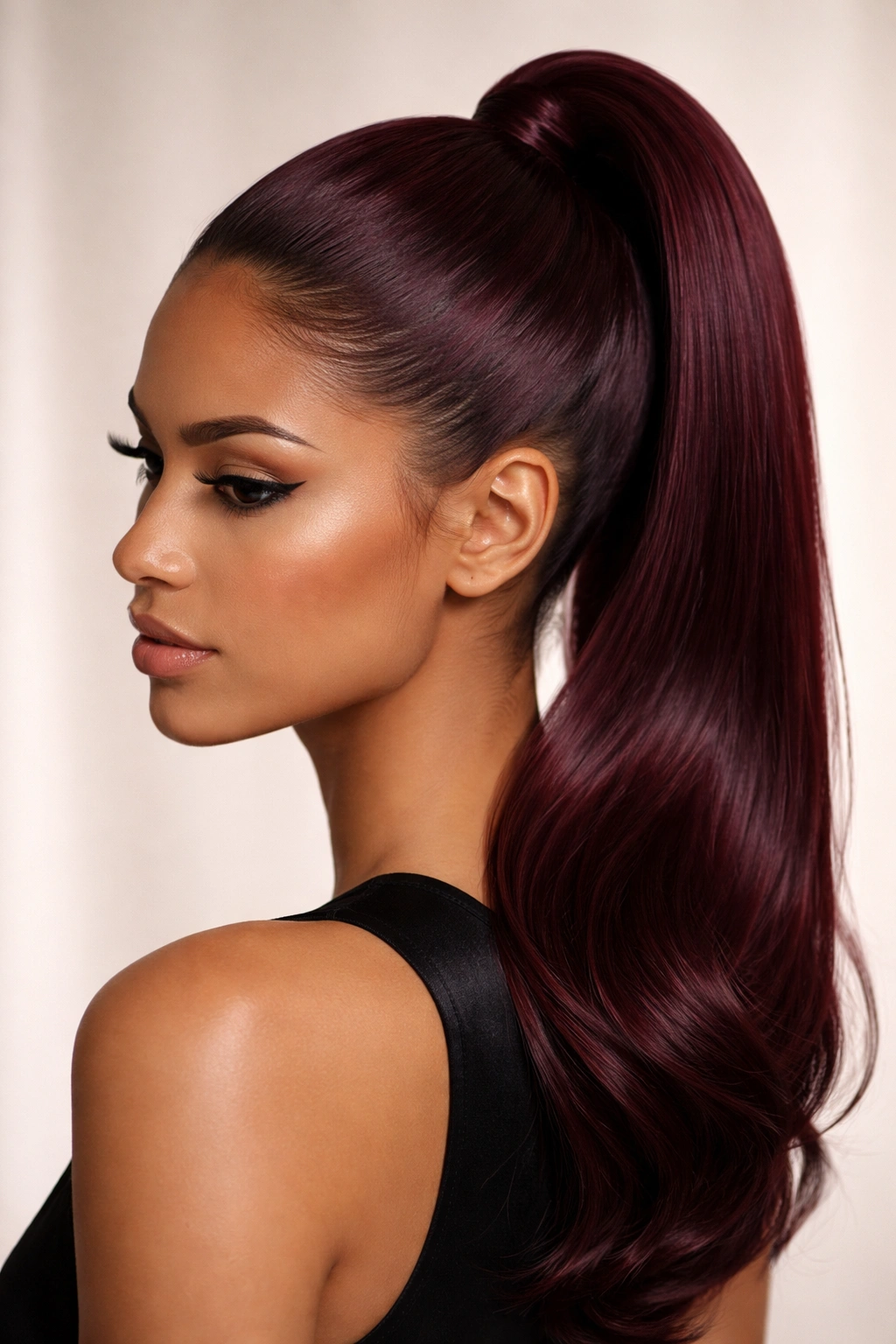 Close-up of curved-apex burgundy ponytail above crown, sleek and polished