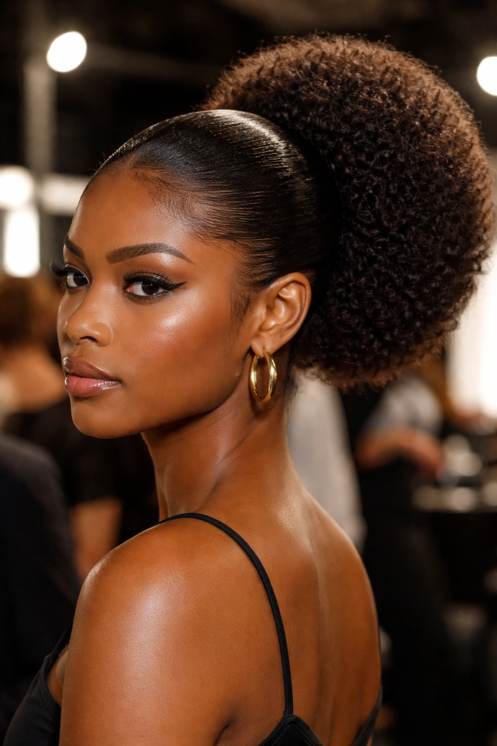 Editorial portrait of a woman with a sleek crown and curved back puff