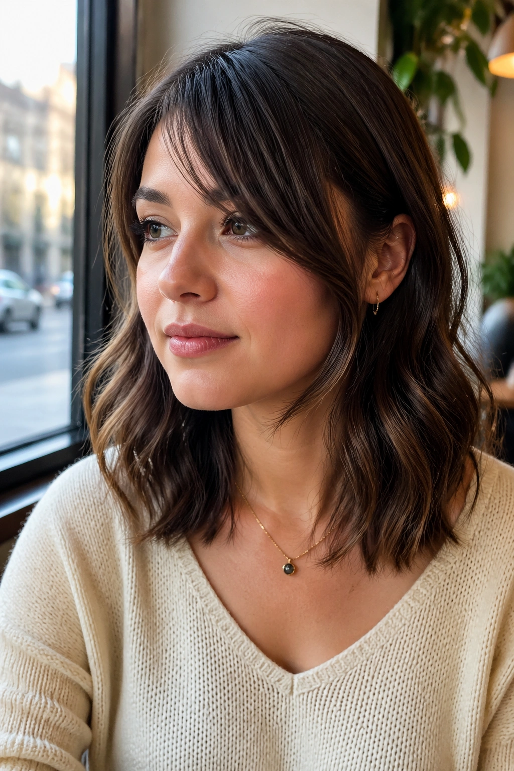 Close-up of a real woman with curved side bangs brushing the jaw