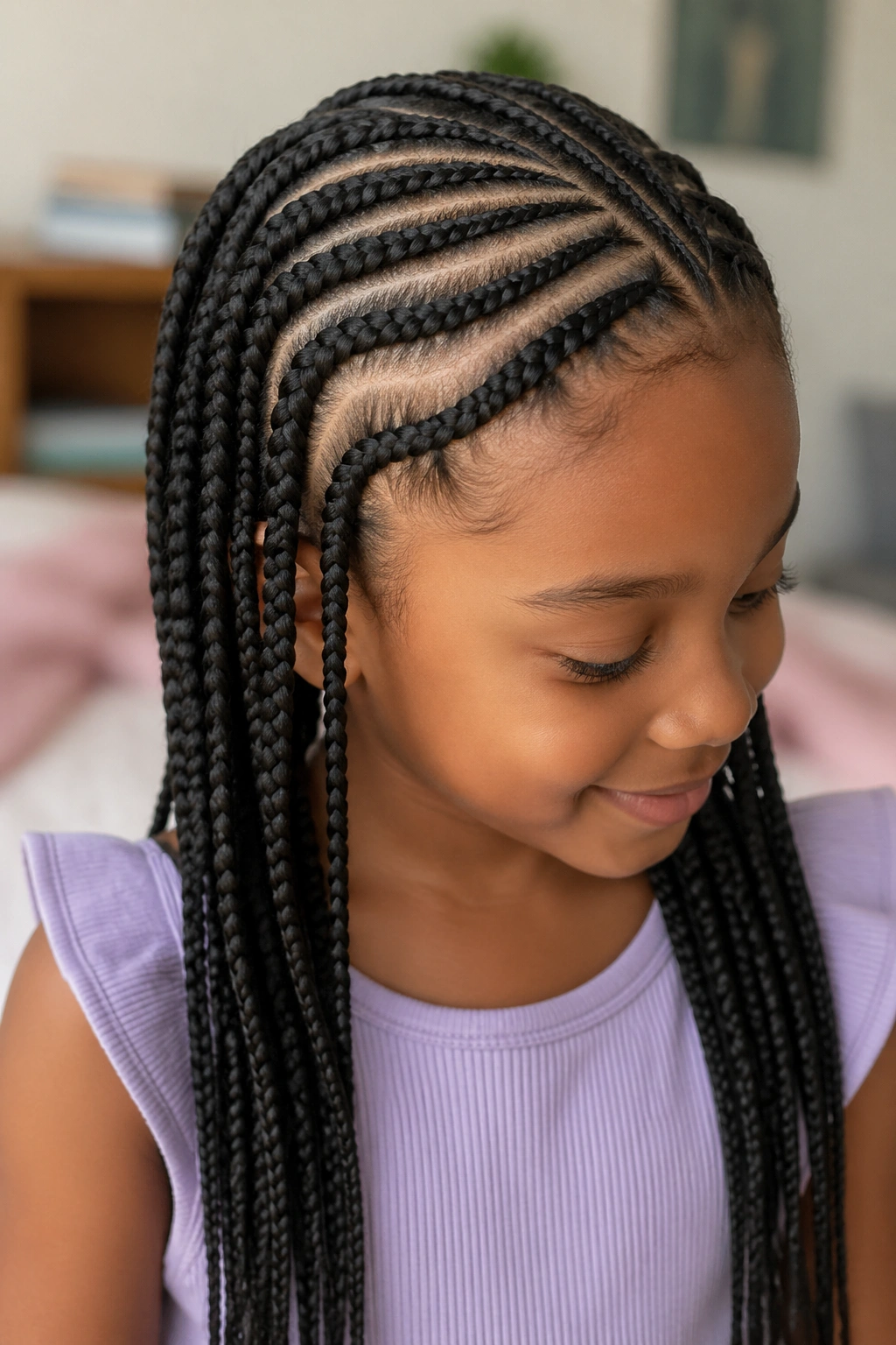 Close-up of a real child with curved-part box braids