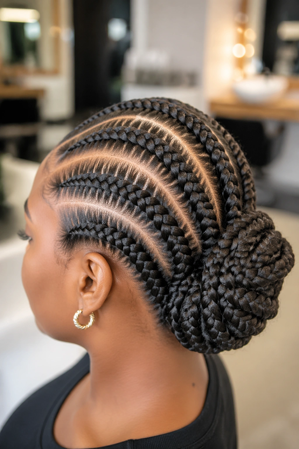 Close-up of a real woman with curved cornrows forming a textured braided bun under natural window light