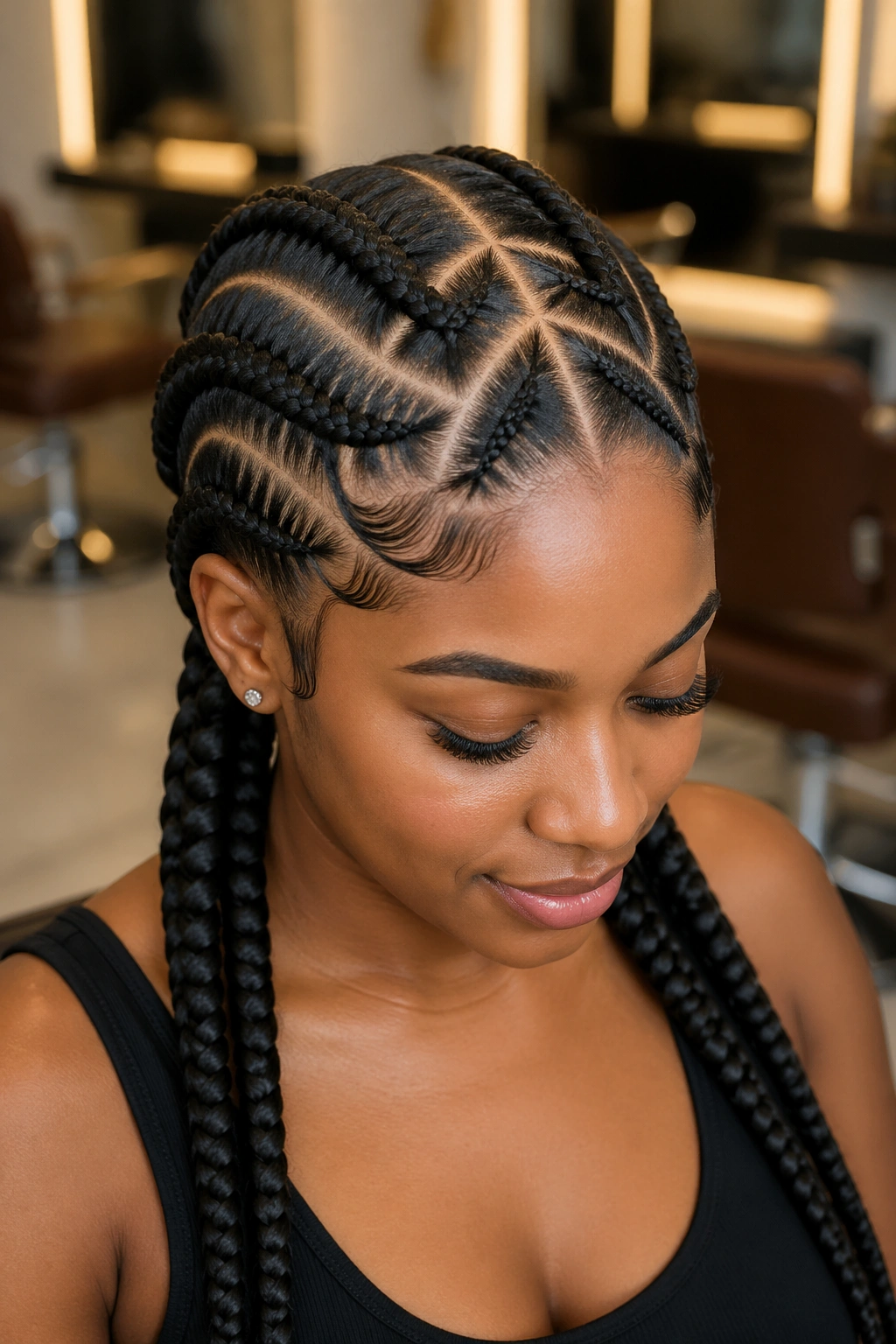 Close-up of a real woman with curved criss-cross braid lines forming S-shaped braids.