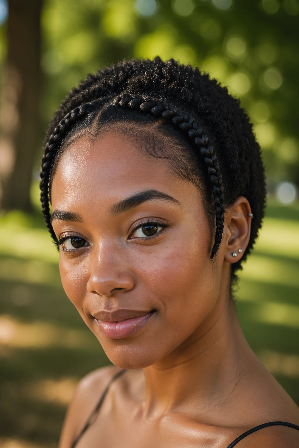 Close-up of a real woman with curved braids framing her face