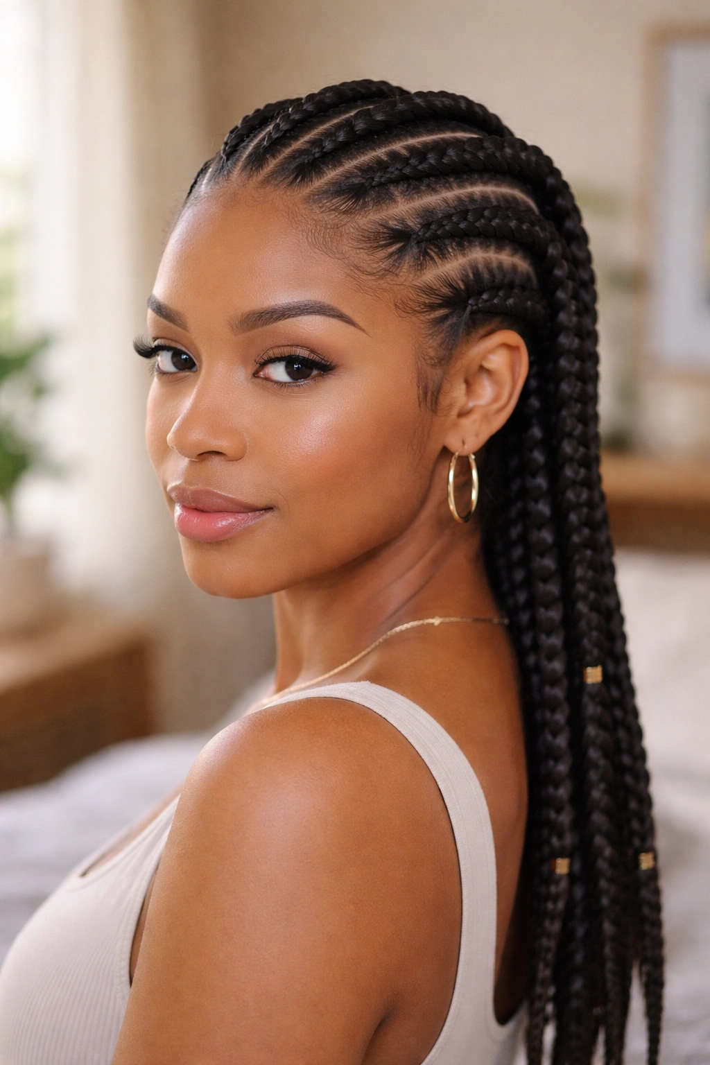 Close-up of a real woman with six curved braids along the hairline, soft warm window light.