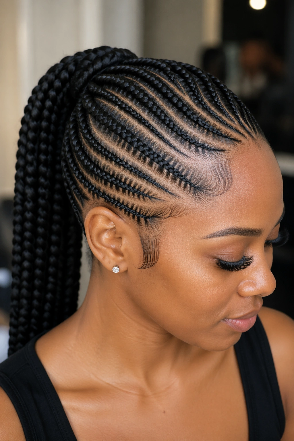 Close-up of a real person with curved cornrows feeding into a ponytail under warm lighting