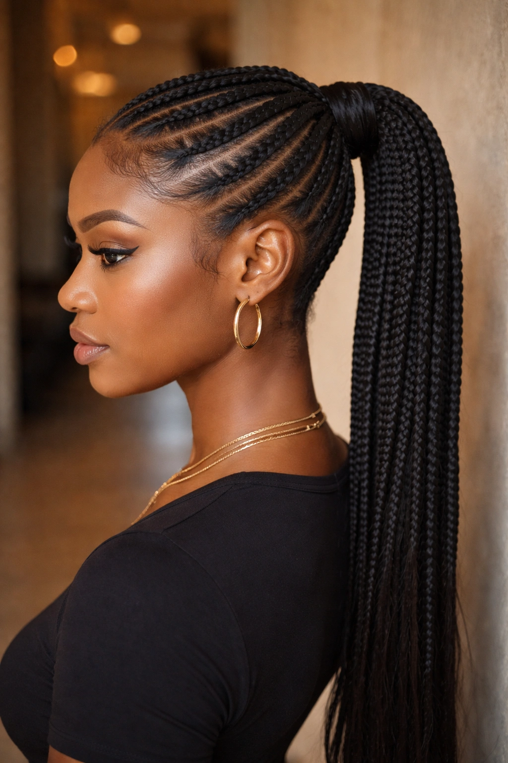 Close-up of a real person with curved cornrows leading into a ponytail.