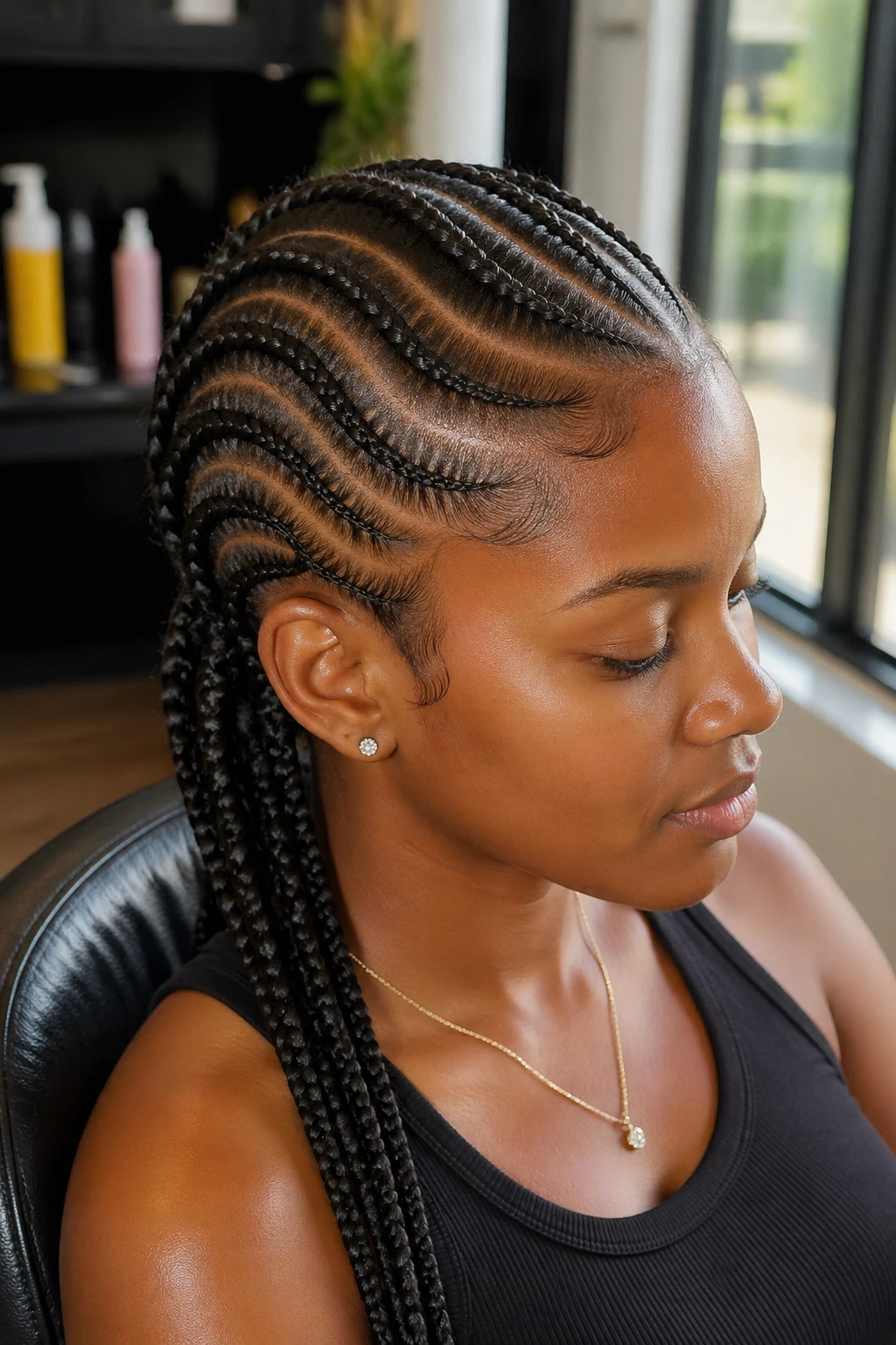 Close-up of a real woman with curved cornrows in arcs across the scalp, salon setting