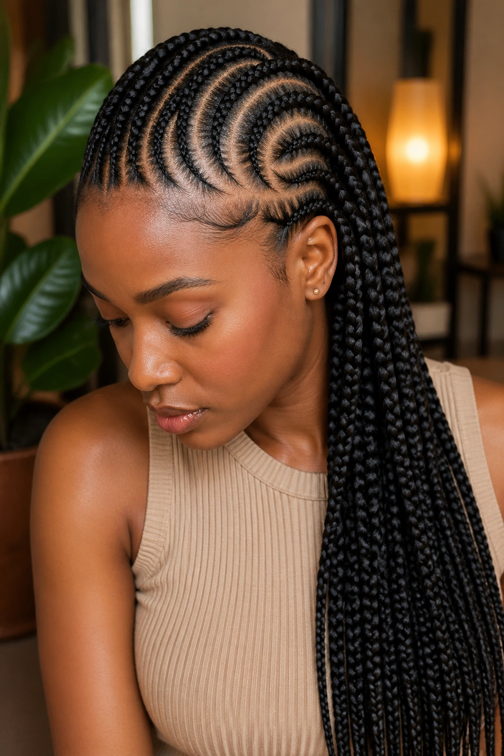 Curved cornrows leading into a cascade of box braids over the shoulder