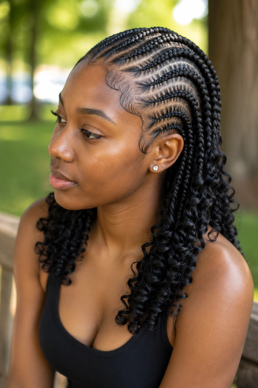 Real person with curved cornrows and curly ends in a sunlit park.