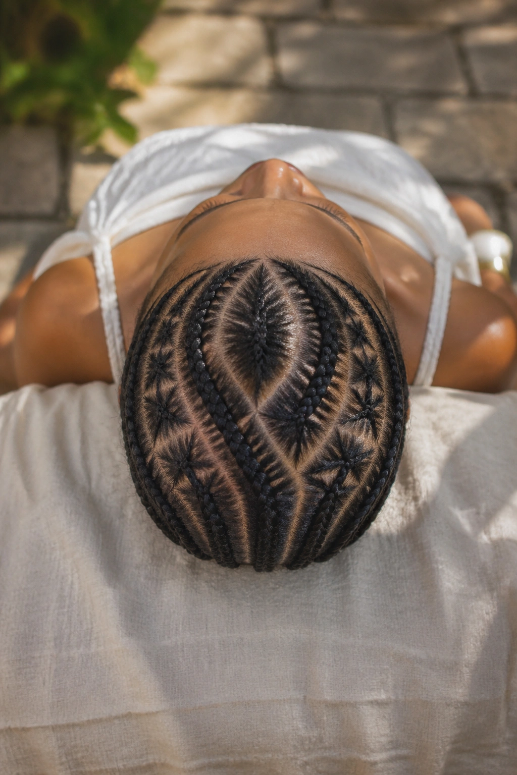 Top-down view of curved cornrows with geometric parts on a real person's scalp