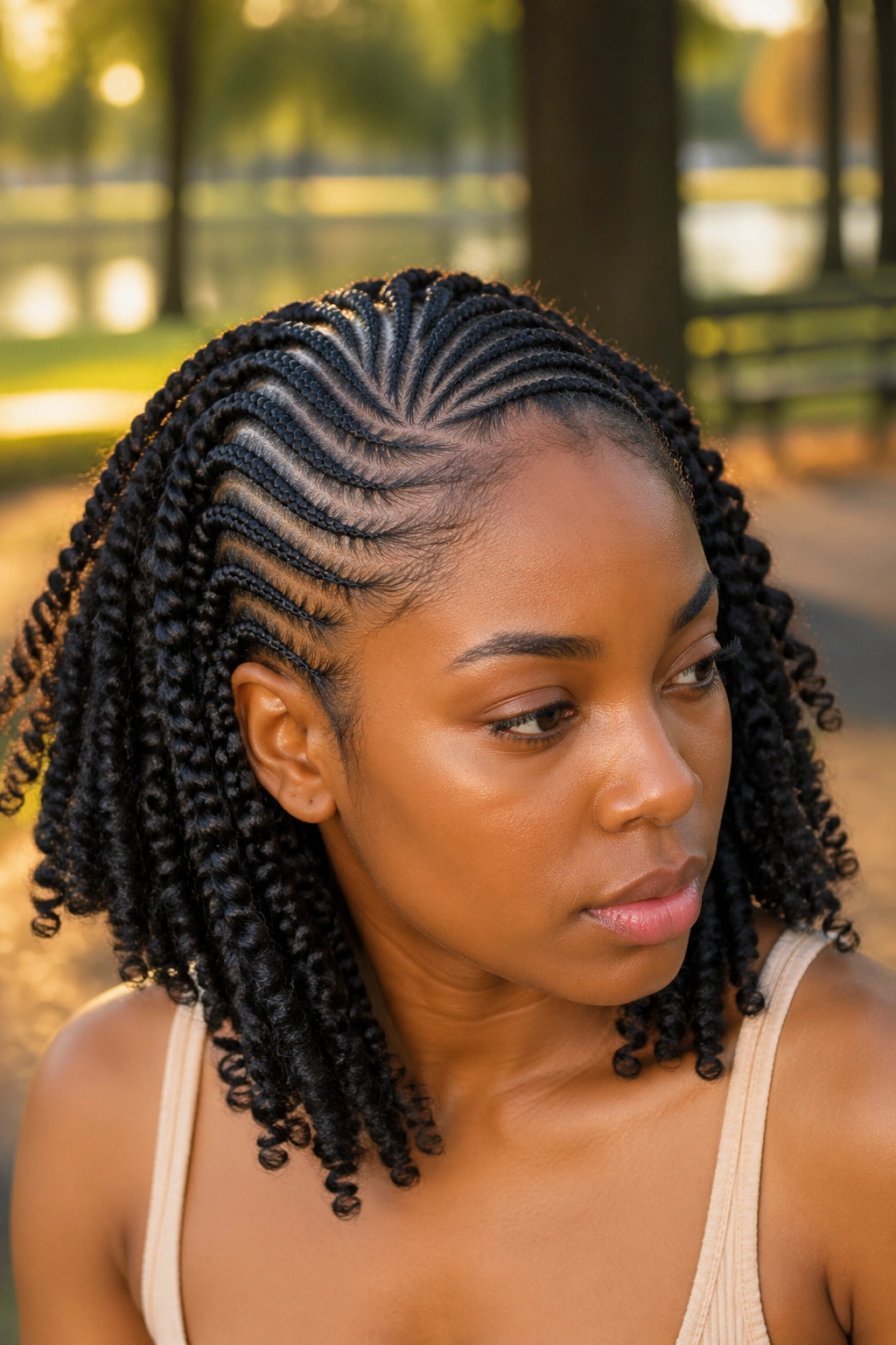 Curved spiral cornrows with kinky twists on real woman, outdoor golden hour portrait