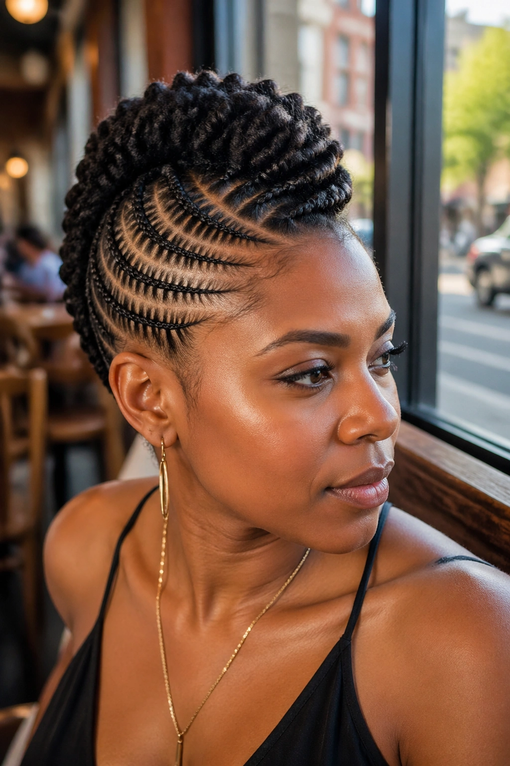 Real woman with curved side cornrows forming arcs into a mohawk