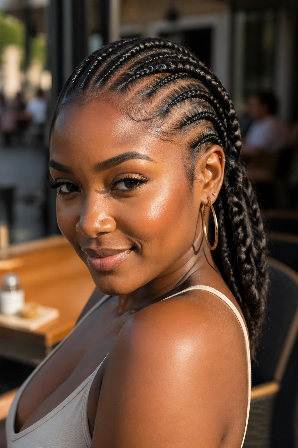 Close-up of curved cornrows forming a ponytail on a real woman with short hair