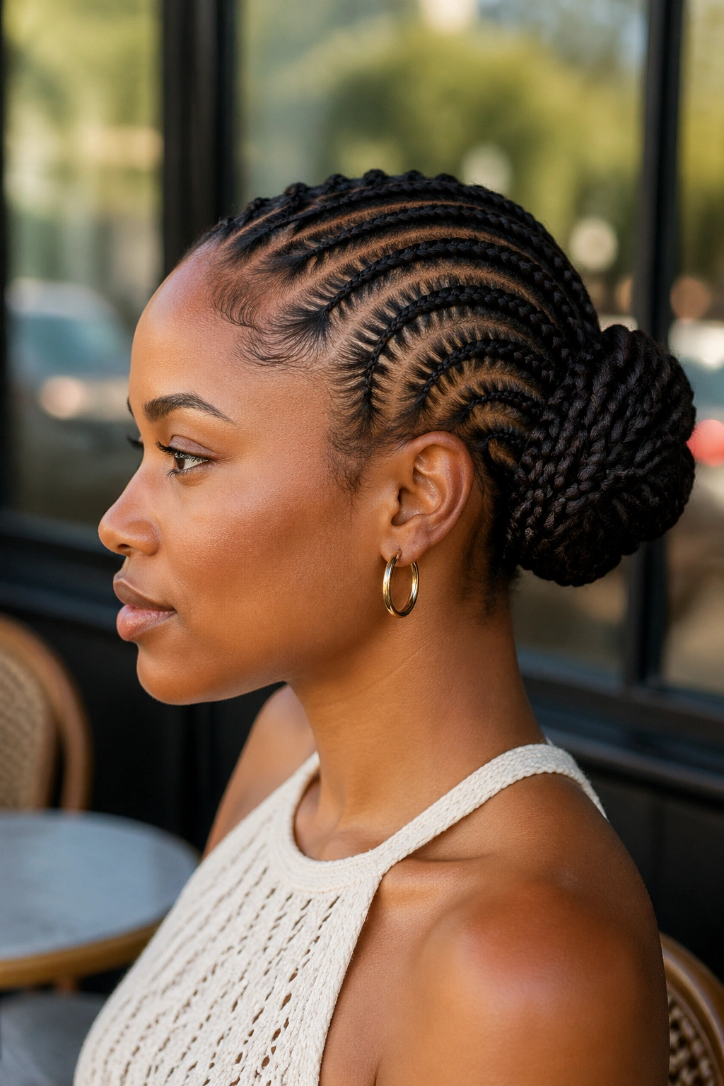 Profile of a real woman with curved cornrows ending in a side bun