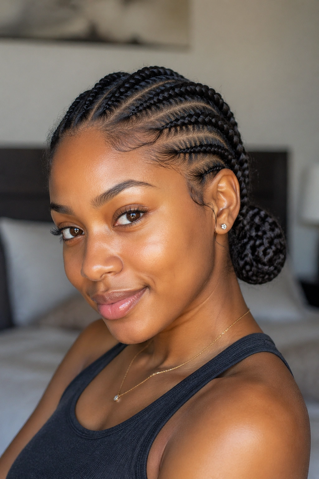 Close-up of curved cornrows ending in a side bun behind the ear on a real person