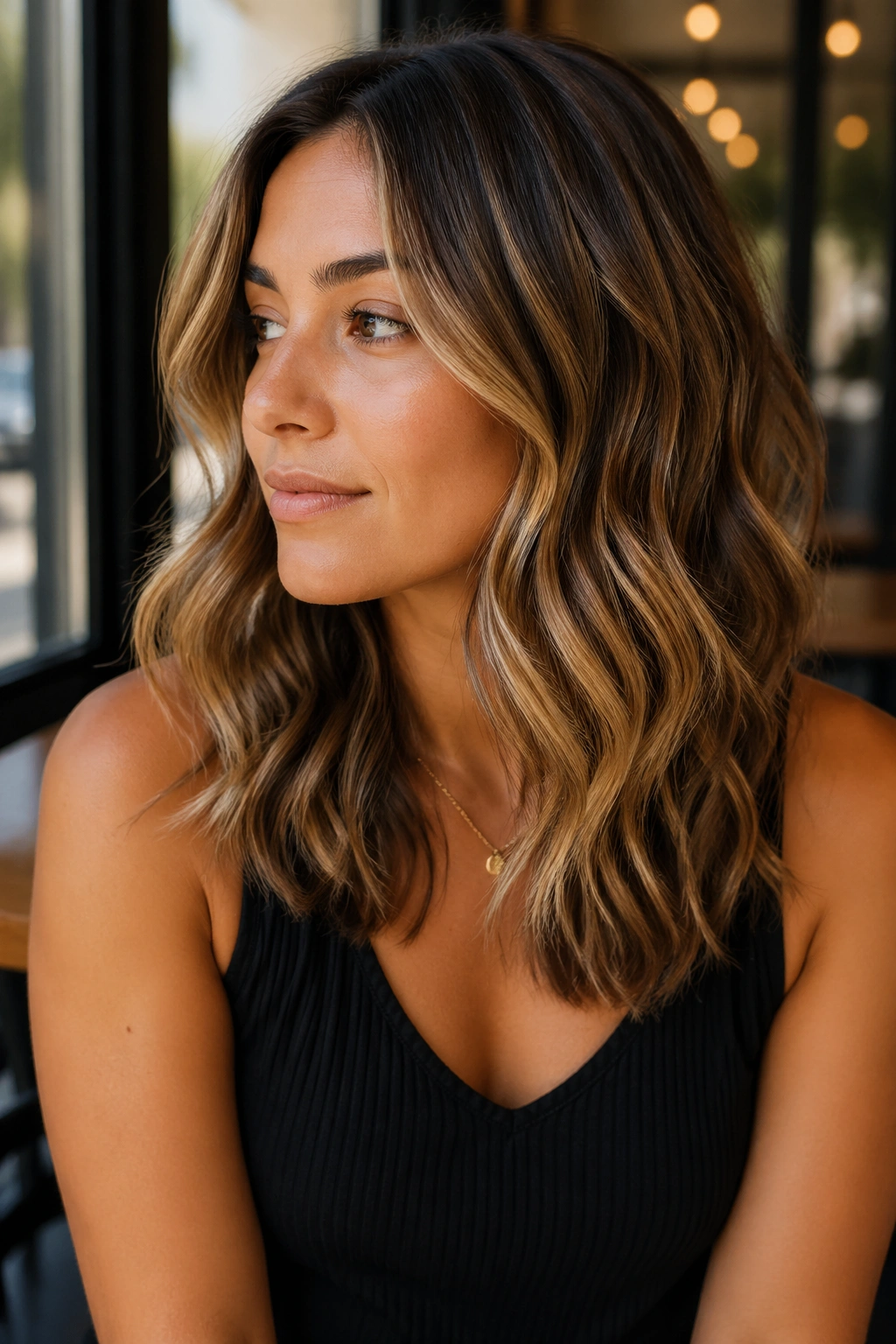 Close-up of a real woman with curved ends and warm honey panels in wavy hair