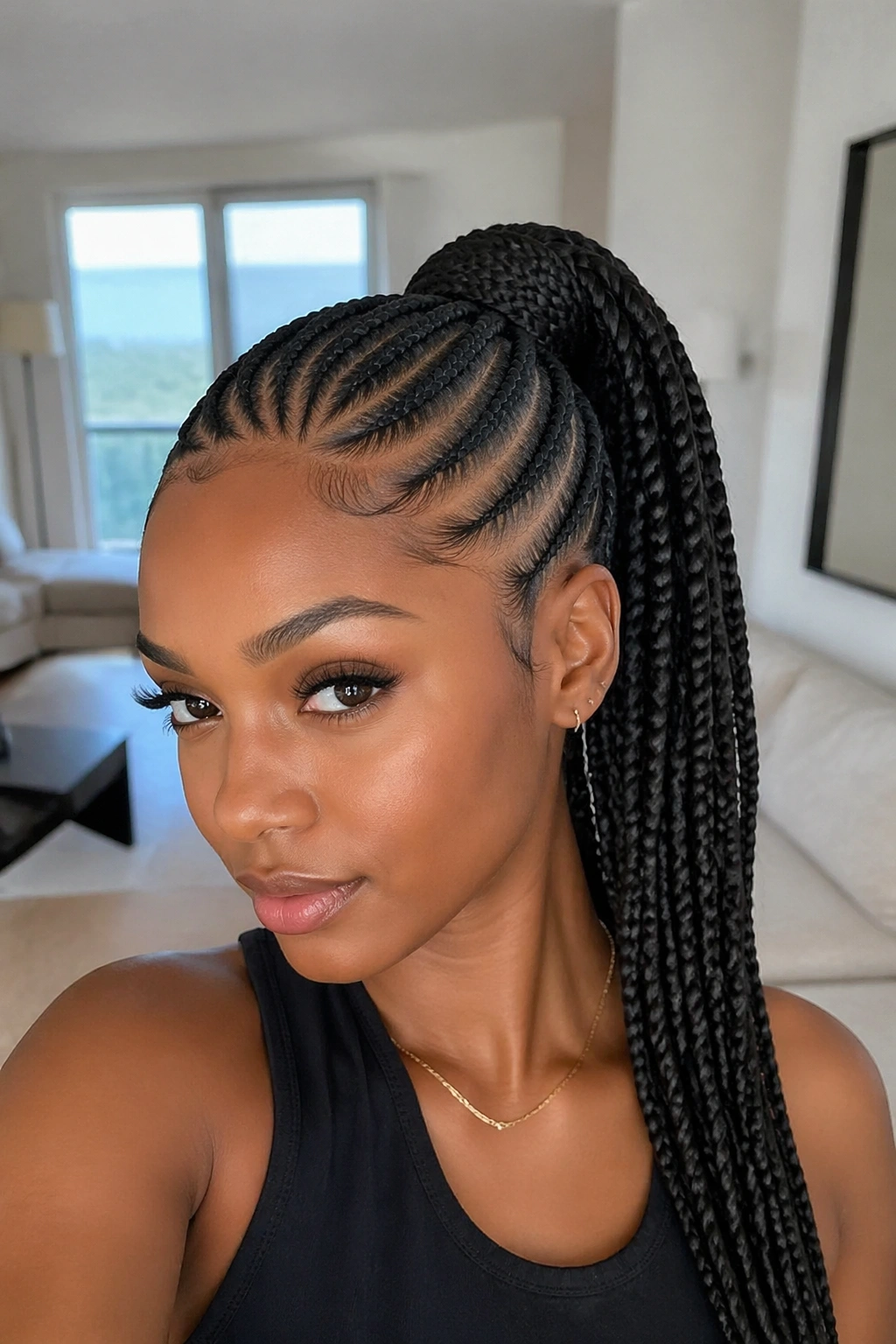 Close-up of real Black woman with curved feed-in cornrow ponytail against living room background